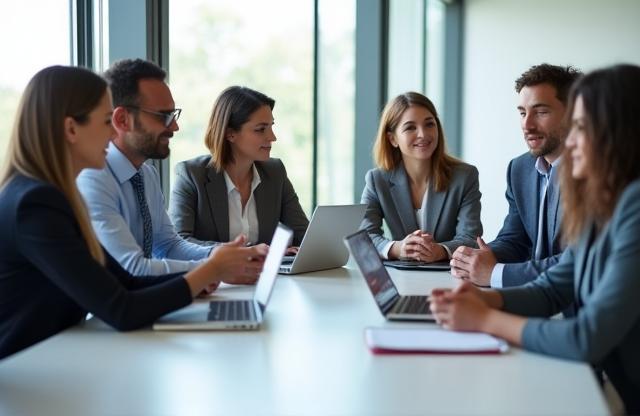 Diverse group of professionals collaborating in a meeting room.