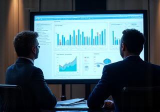People analyzing assessment results charts on a large screen.