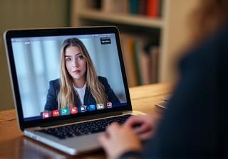 Person conducting a virtual interview on a laptop screen.